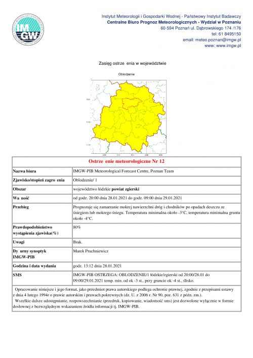 ostrzeżenie meteorologiczne 28.01.2021