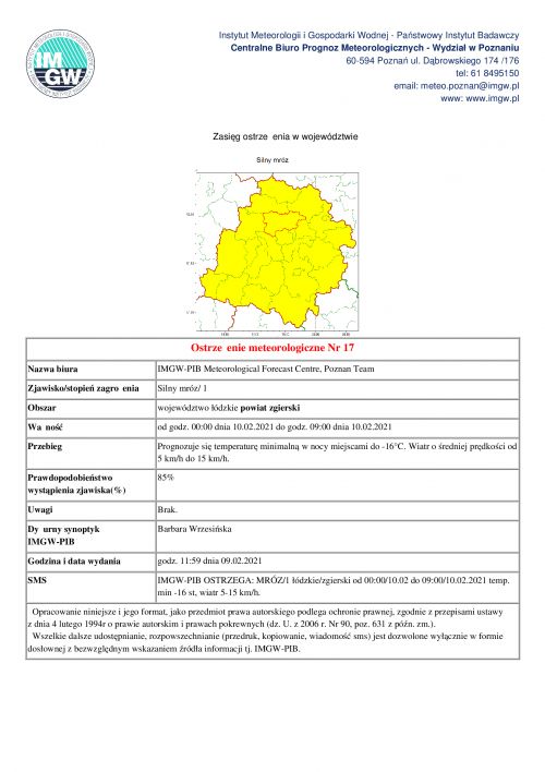 ostrzeżenie meteorologiczne 09.02.2021