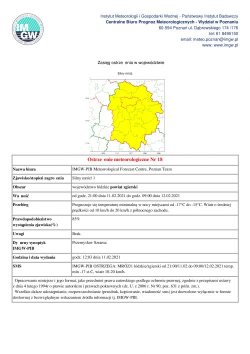 Ostrzeżenie meteorologiczne 11.02.2021