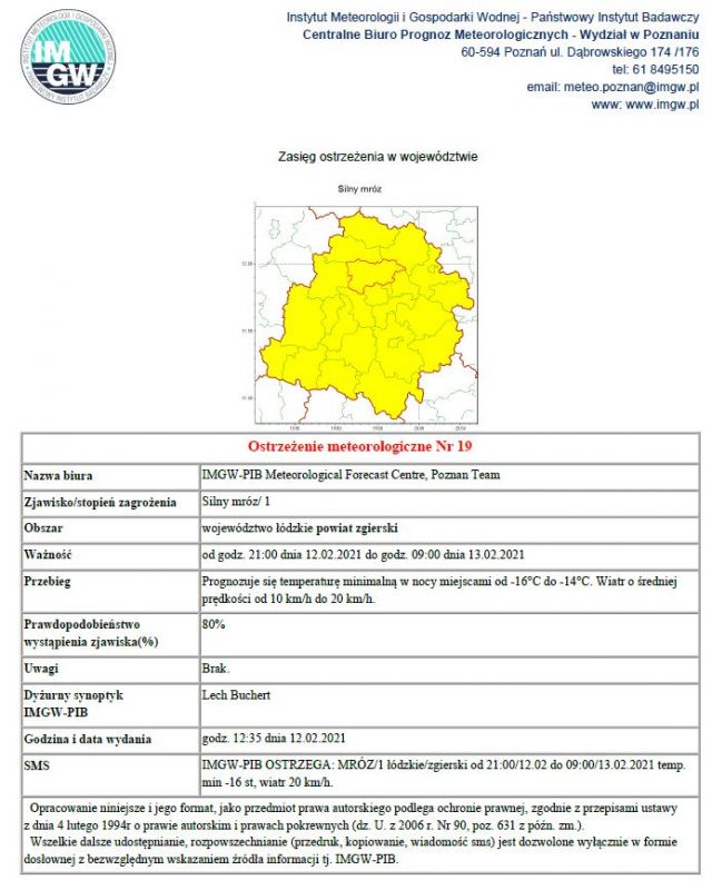 Ostrzeżenie meteorologiczne Nr 19 Silny mróz