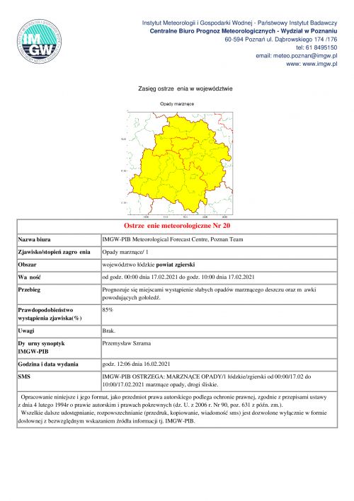Ostrzeżenie meteorologiczne 16.02.2021