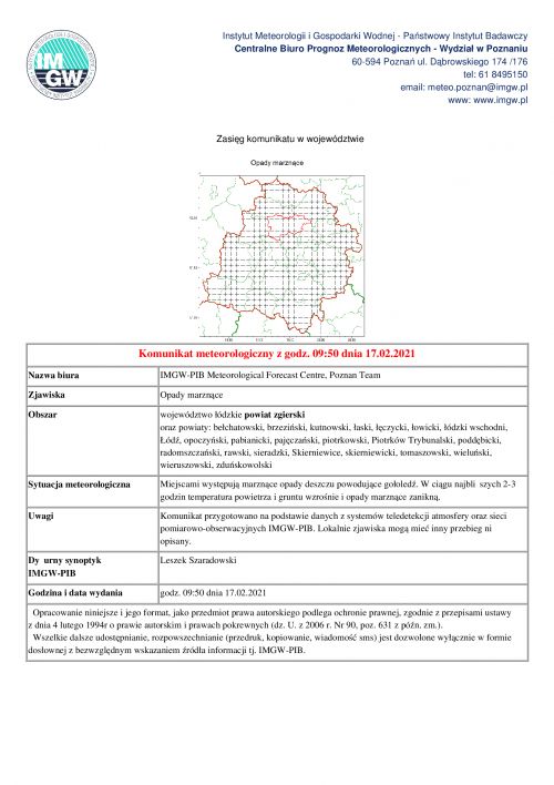 Komunikat meteorologiczny 17.02.2021