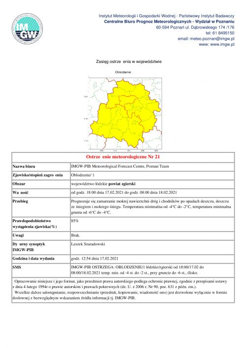 Ostrzeżenie meteorologiczne 17.02.2021