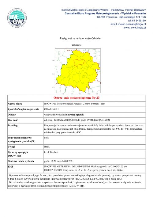 Ostrzeżenie meteorologiczne 04.03.2021