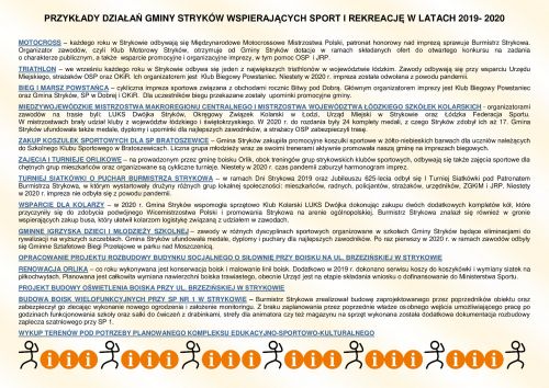 Przykłady działań Gminy Stryków wspierających sport i rekreację w latach 2019-2020