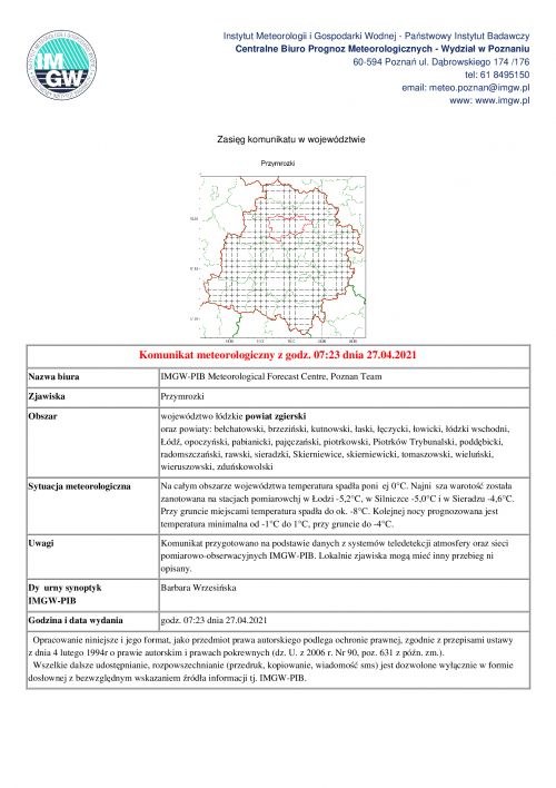 Komunikat meteorologiczny 27.04.2021