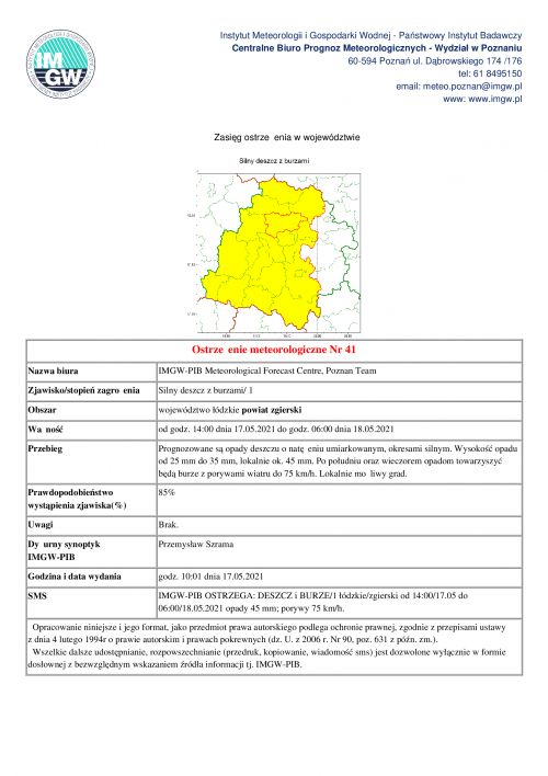 ostrzeżenie meteorologiczne 17.05.2021