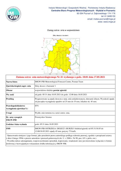 Zmiana ostrzeżenia meteorologicznego z dn. 17.05.2021