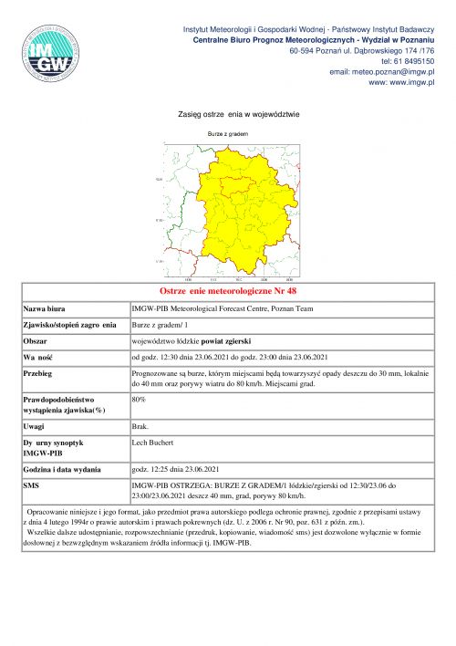 Ostrzeżenie meteorologiczne nr 48 z dn. 23.06.2021