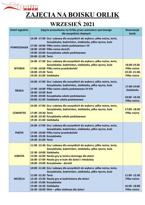 Harmonogram na wrzesień