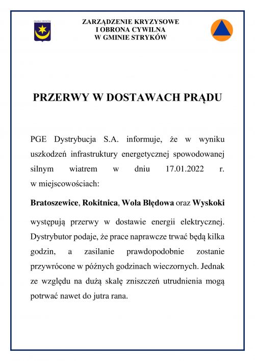Informacja na temat przerw w dostawach prądu na terenie Gminy Stryków-