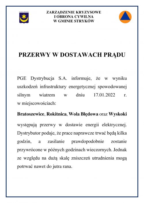 Informacja na temat przerw w dostawach prądu na terenie Gminy Stryków-