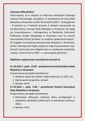 Informacja o braku transmisji posiedzeń komisji Rady Miejskiej w Strykowie