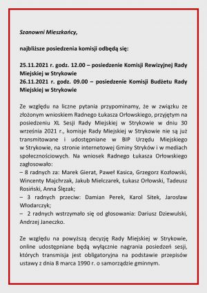 Informacja o braku transmisji posiedzeń komisji Rady Miejskiej w Strykowie