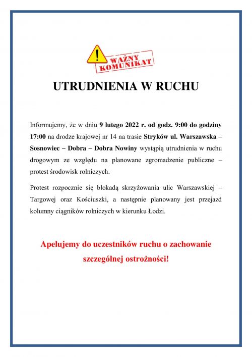 Plakat informacyjny, utrudnienia w ruchu w dn. 09.02.2022