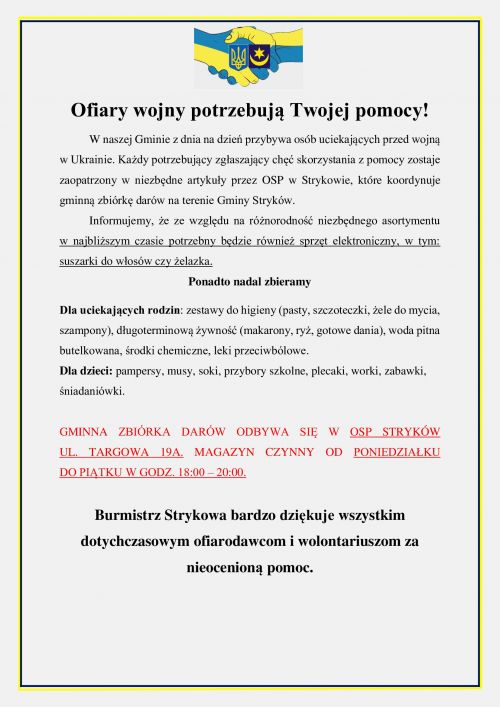 Plakat informacyjny - gminna zbiórka darów aktualne potrzeby