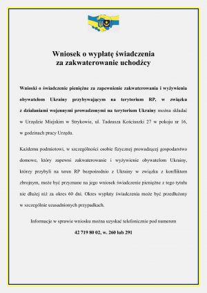 Plakat informacyjny - wnioski o świadczenie za zakwaterowanie uchodźcy