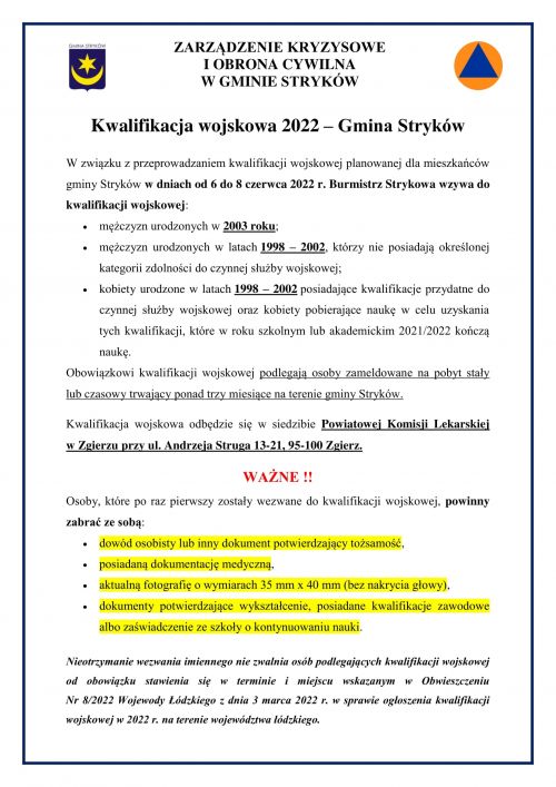 Komunikat Kwalifikacja wojskowa 2022 - Gmina Stryków
