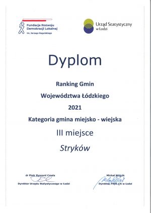 Dyplom za zajęcie 3. miejsca w Rankingu Gmin Województwa Łódzkiego 2021