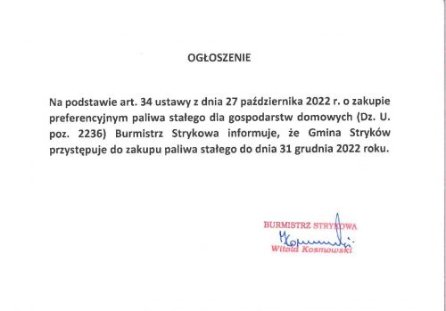 Ogłoszenie Burmistrza Strykowa