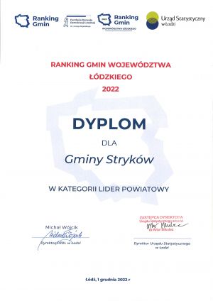 Dyplom dla Gminy Stryków w kategorii lider powiatów