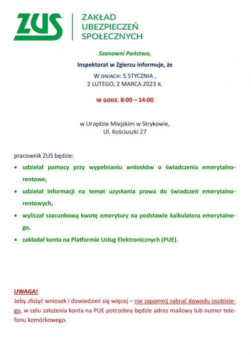 Plakat informacyjny ZUS