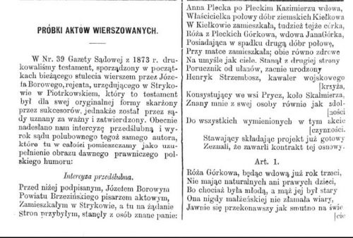źródło zdj. Gazeta Sądowa Warszawska 22/1884. Gazeta Sądowa Warszawska z fragmentem testamentu sporządzonego przez Józefa...