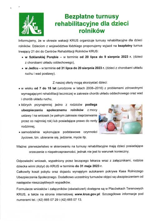 Turnusy rehabilitacyjne dla dzieci rolników KRUS Łódź