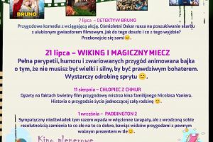 Plakat informacyjny, kino plenerowe w parku nad Moszczenicą