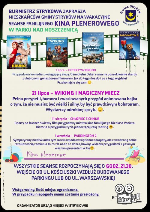 Plakat informacyjny, kino plenerowe w parku nad Moszczenicą