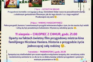 Plakat informacyjny, kino plenerowe w parku nad Moszczenicą