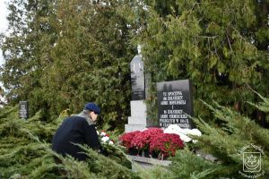 Uczeń ZS Nr 1 w Bratoszewicach składa kwiaty pod pomnikiem żołnierzy poległych w 1918 r. i 1939 r. na cmentarzu...