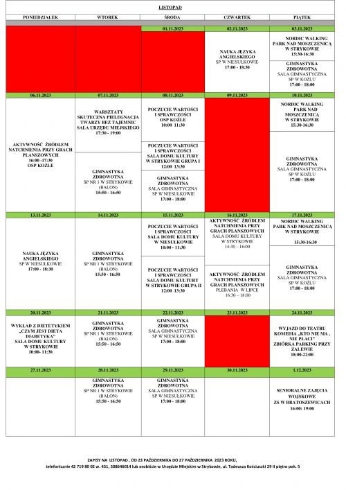 Harmonogram na listopad Strykowska Akademia Seniora