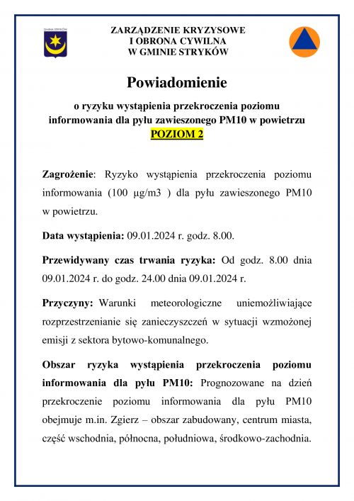 Powiadomienie  o ryzyku wystąpienia przekroczenia poziomu informowania dla pyłu zawieszonego PM10 w powietrzu  POZIOM 2