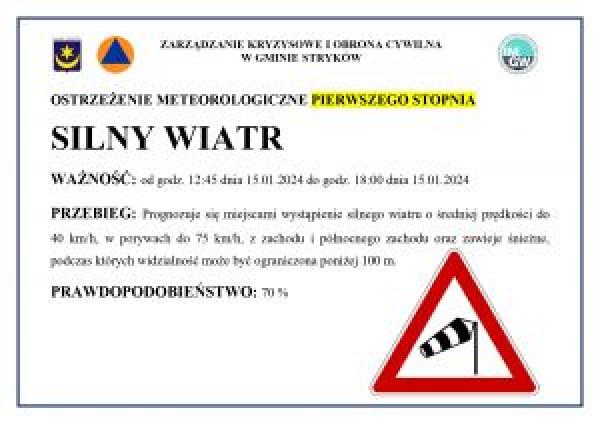 Ostrzeżenie meteorologiczne I stopnia - silny wiatr - 15.01.2024