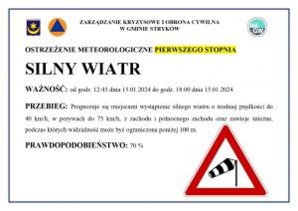 Ostrzeżenie meteorologiczne I stopnia - silny wiatr - 15.01.2024