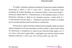 Pismo Burmistrza Strykowa do Wojewody Łódzkiego z dn. 13.03.2020 r.