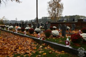 Odnowienie Pomnika Żołnierzy Września 1939r. w Koźlu, groby żołnierskie przystrojone biało-czerwonymi kwiatami doniczkowymi...