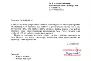 Pismo Burmistrza Strykowa do Ministra Rolnictwa w związku z petycjami rolników i myśliwych