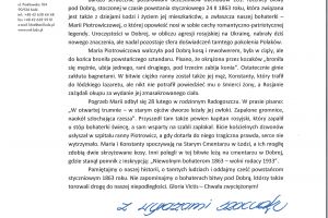 Obchody 161. rocznicy Bitwy stoczonej pod Dobrą w Powstaniu Styczniowym 1863 r. - list od Prezydent Miasta Łodzi - Hanny...