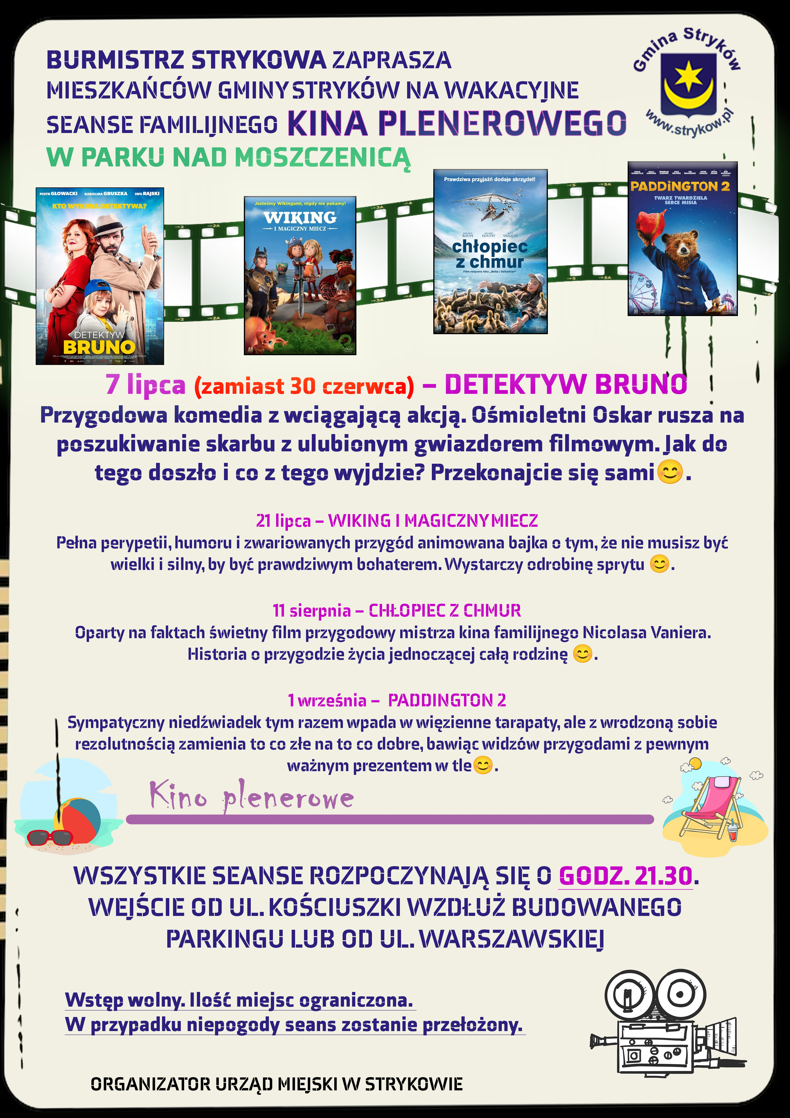 Plakat informacyjny, Familijne Kino Plenerowe w parku nad Moszczenicą