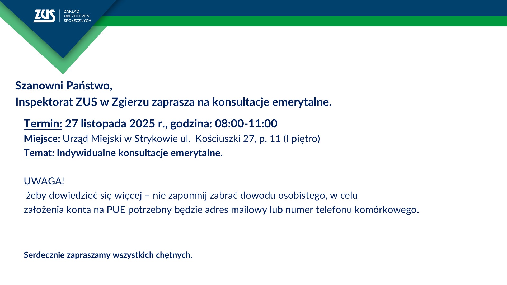 Konsultacje emerytalne ZUS w UM Stryków