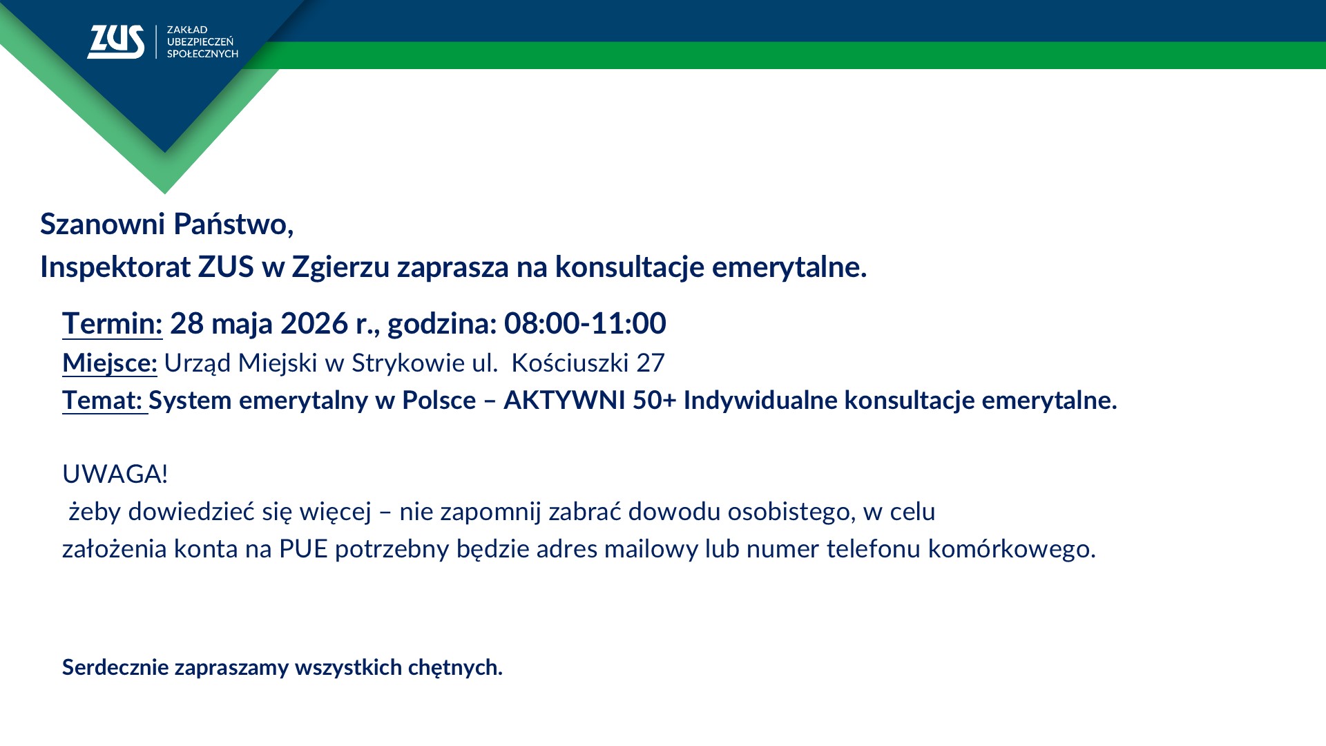 Konsultacje emerytalne ZUS w UM Stryków