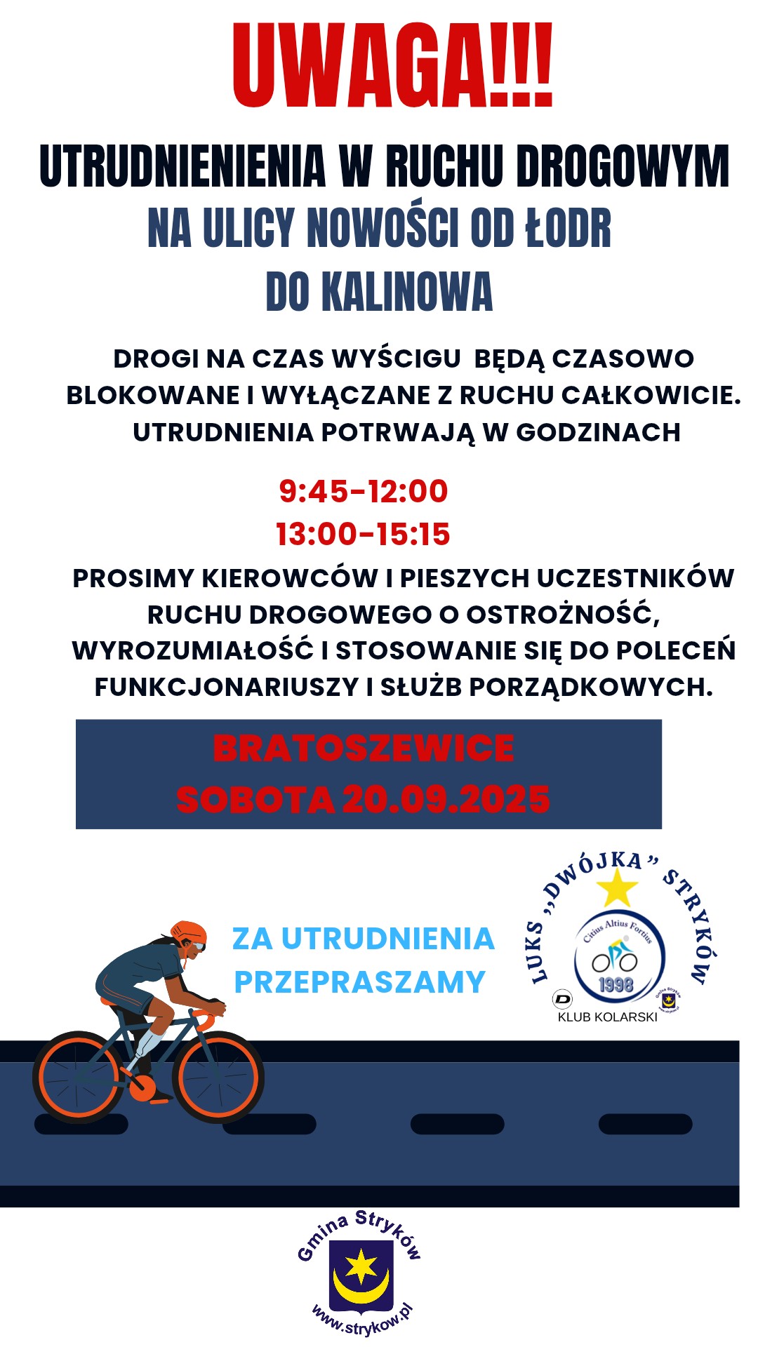 Zawody kolarskie i utrudnienia w ruchu w Bratoszewicach