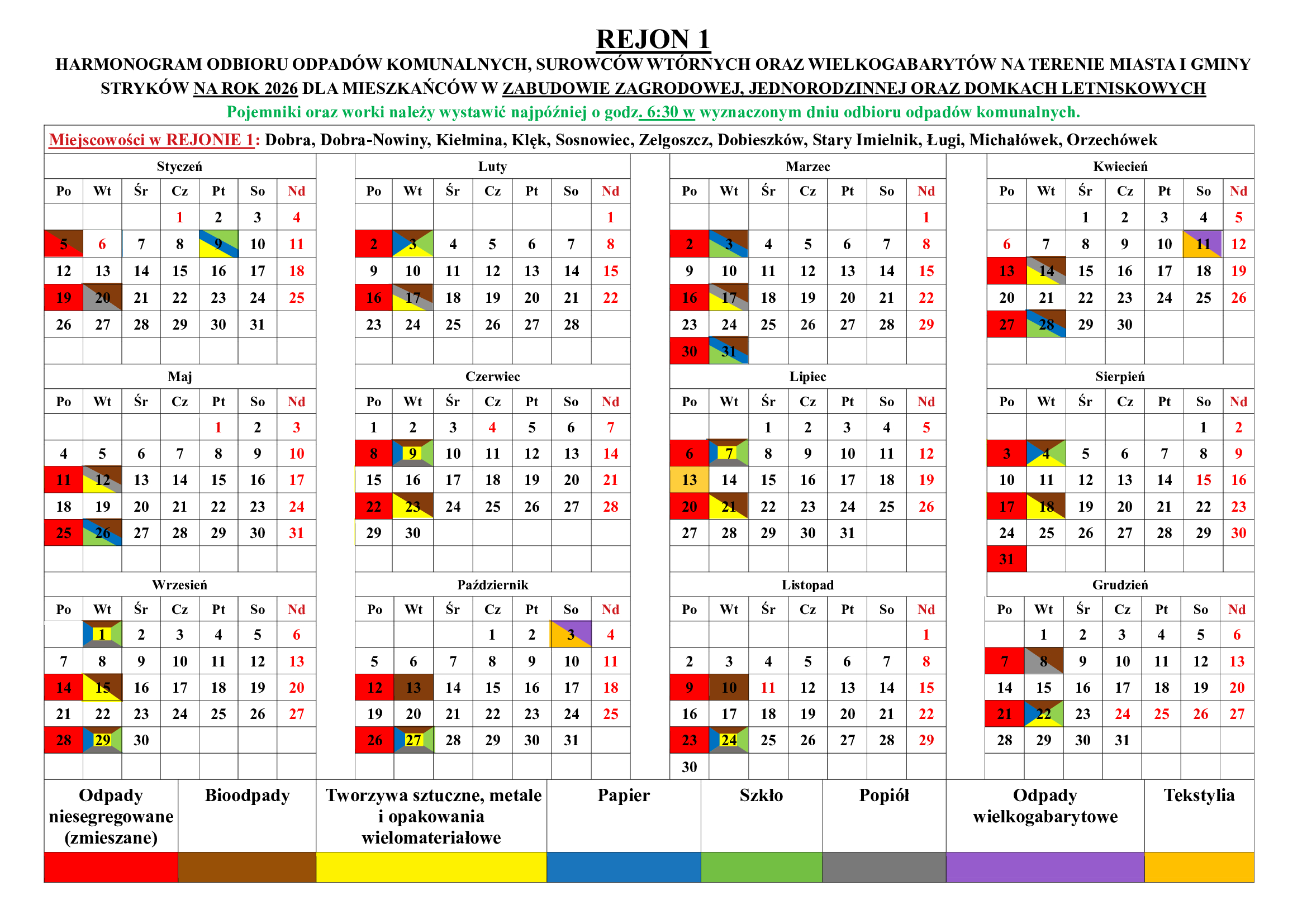 Harmonogramy odbioru odpadów komunalnych na 2026 rok