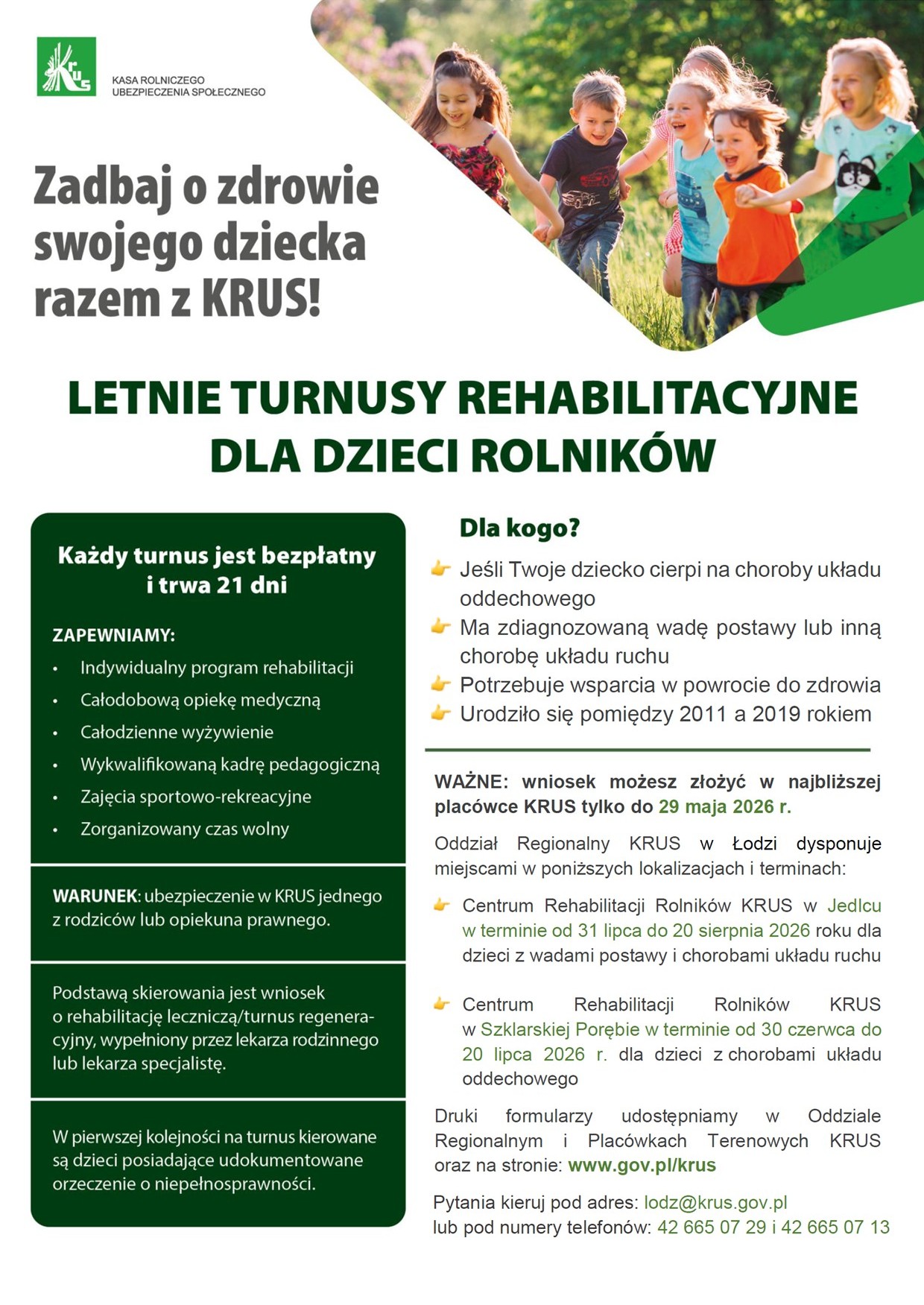Bezpłatne turnusy rehabilitacyjne KRUS dla dzieci rolników