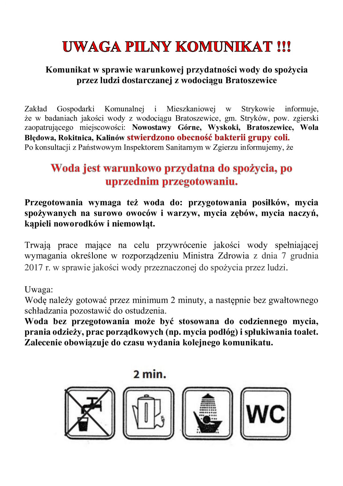 Warunkowa przydatność wody do spożycia - wodociąg Bratoszewice