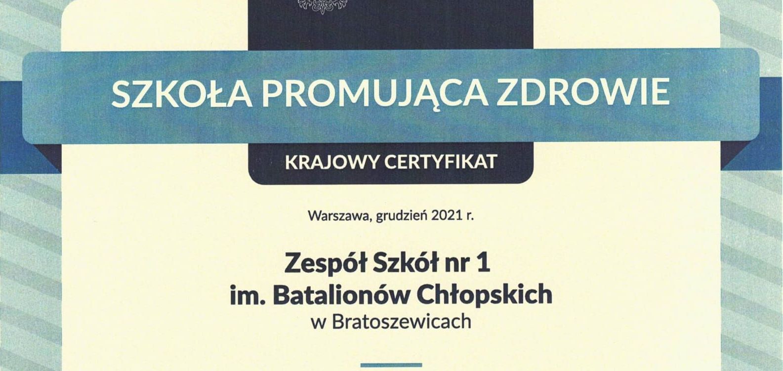 Krajowy Certyfikat „Szkoła Promująca Zdrowie” dla ZS Nr 1 w Bratoszewicach