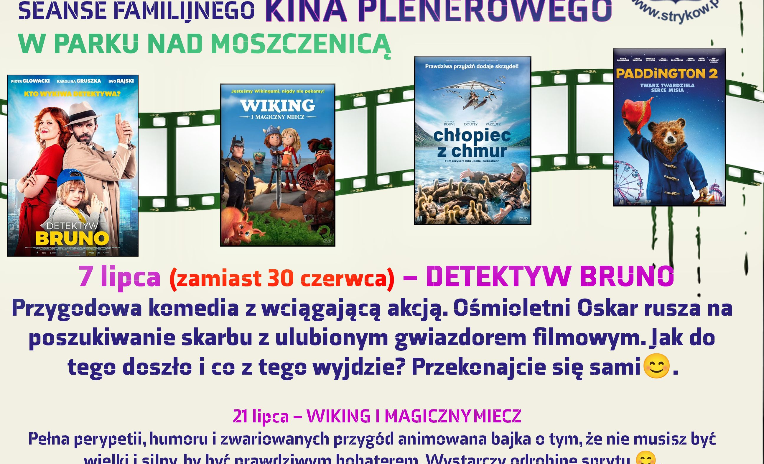 Zapraszamy na Familijne Kino Plenerowe w parku nad Moszczenicą!