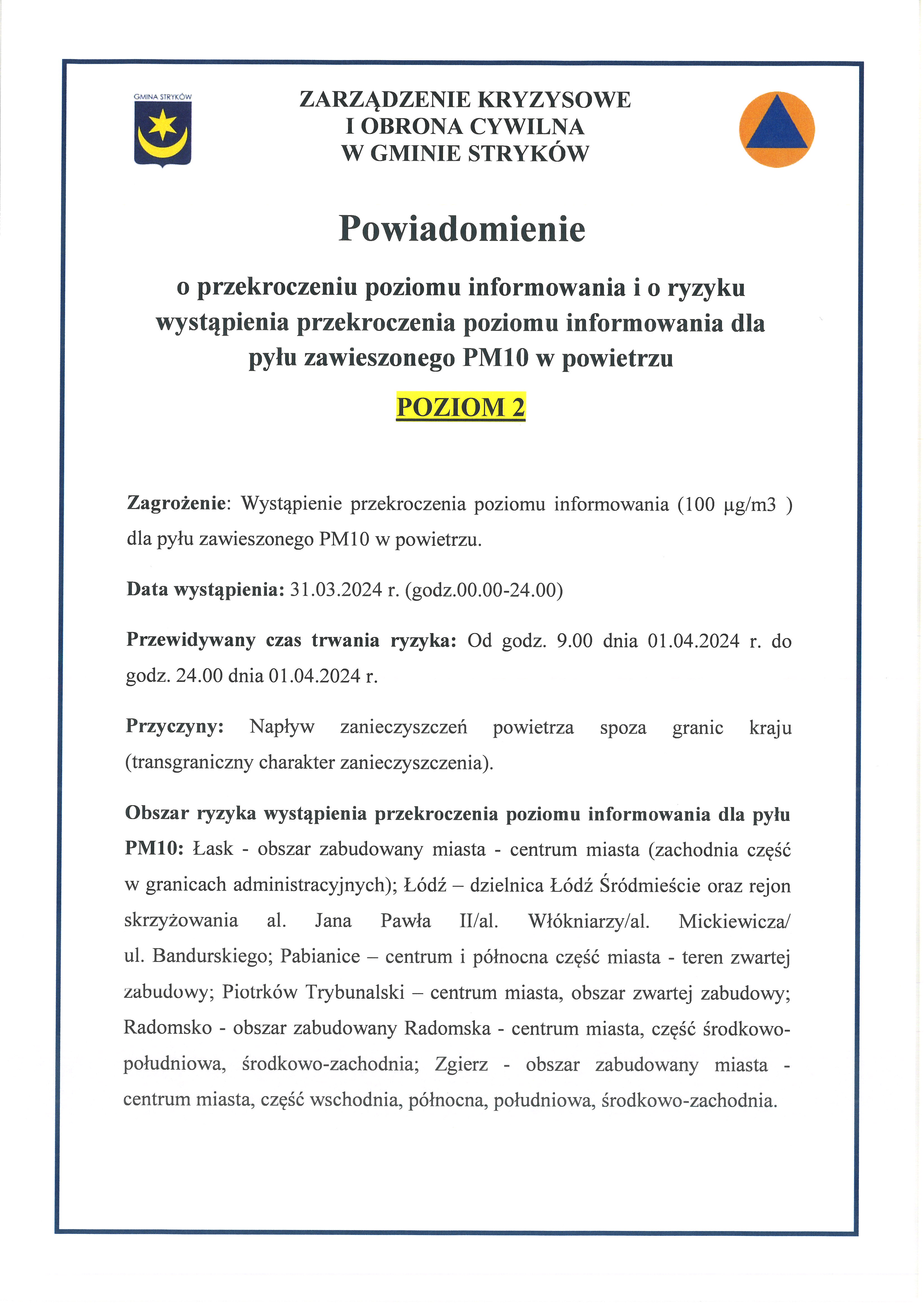 Powiadomienieo przekroczeniu poziomu informowania i o ryzyku wystąpienia przekroczenia poziomu informowania dla pyłu zawieszonego PM10 w powietrzu POZIOM 2